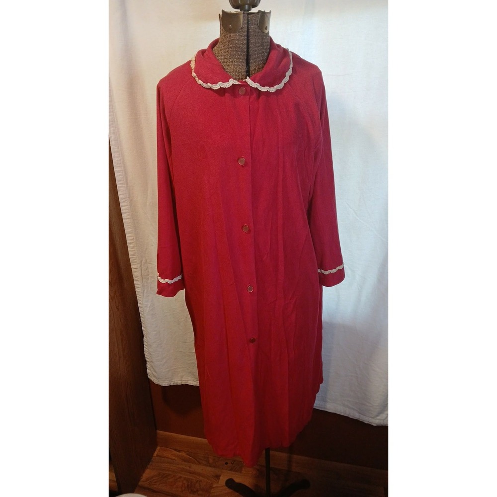 Vintage 1970's ILGWU Red Button Front Robe w/Crotched Trim & Peter Pan Collar